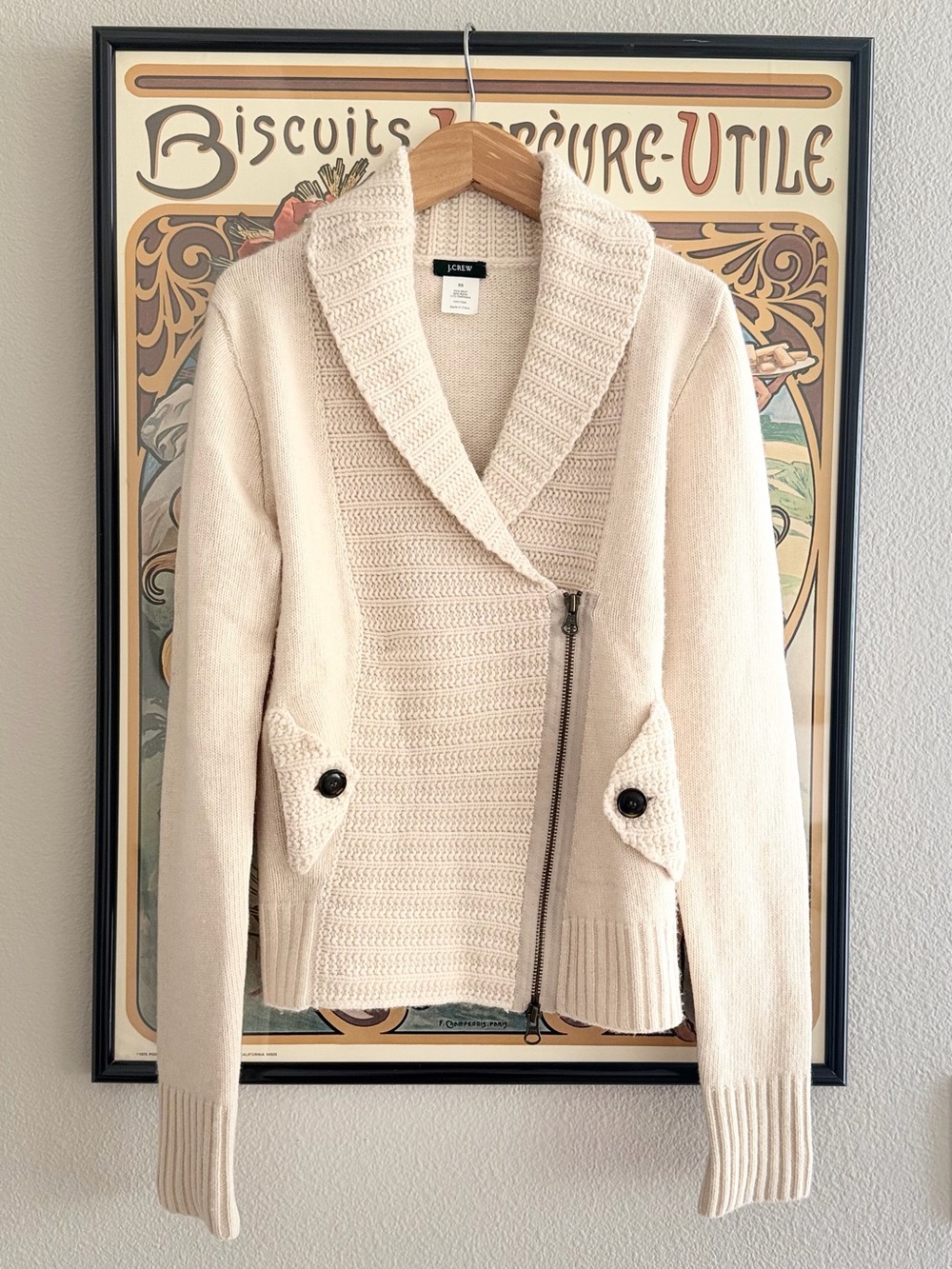 J. Crew Cream Shawl Collar Wool Blend Moto Zip Front Sweater - XS